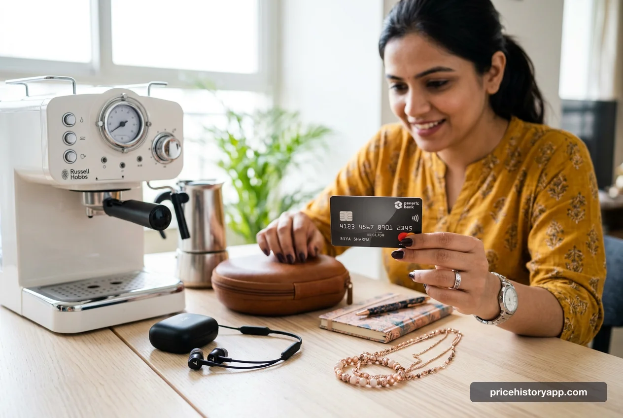 A woman's hands holding a generic credit card over diverse unbranded products, anticipating sale deals.