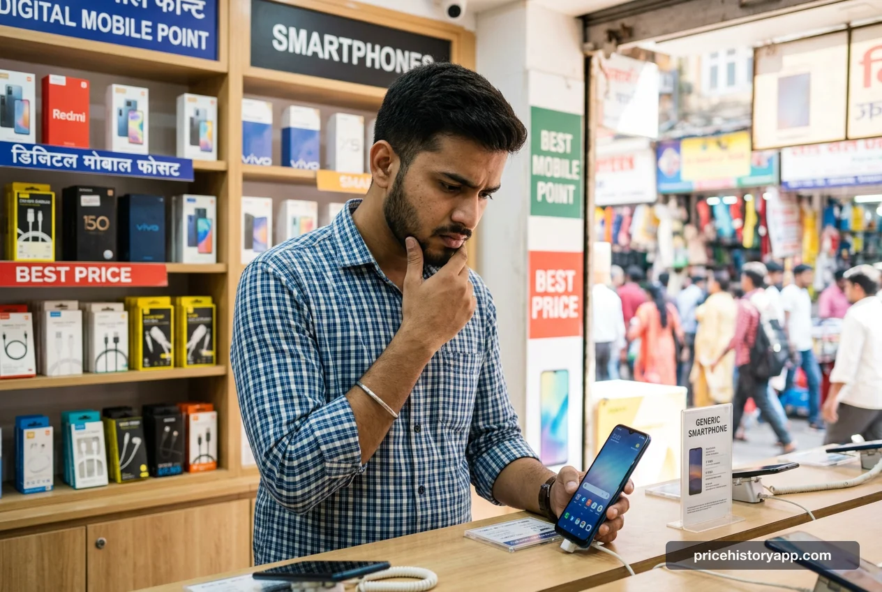 A young Indian man looking contemplatively at an expensive smartphone in a shop.