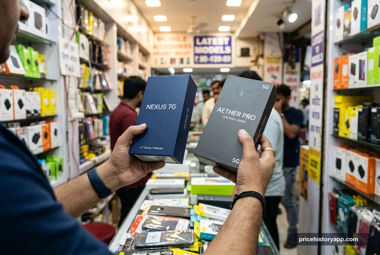 Hands holding two smartphone boxes, symbolizing consumer choices affected by brand price changes.