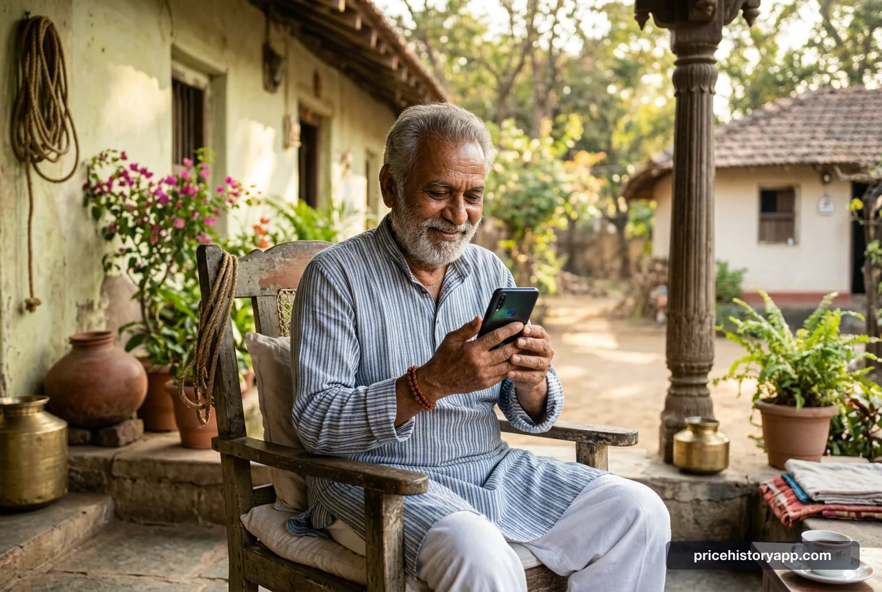 An elderly Indian man patiently looks at a smartphone, anticipating a price drop.