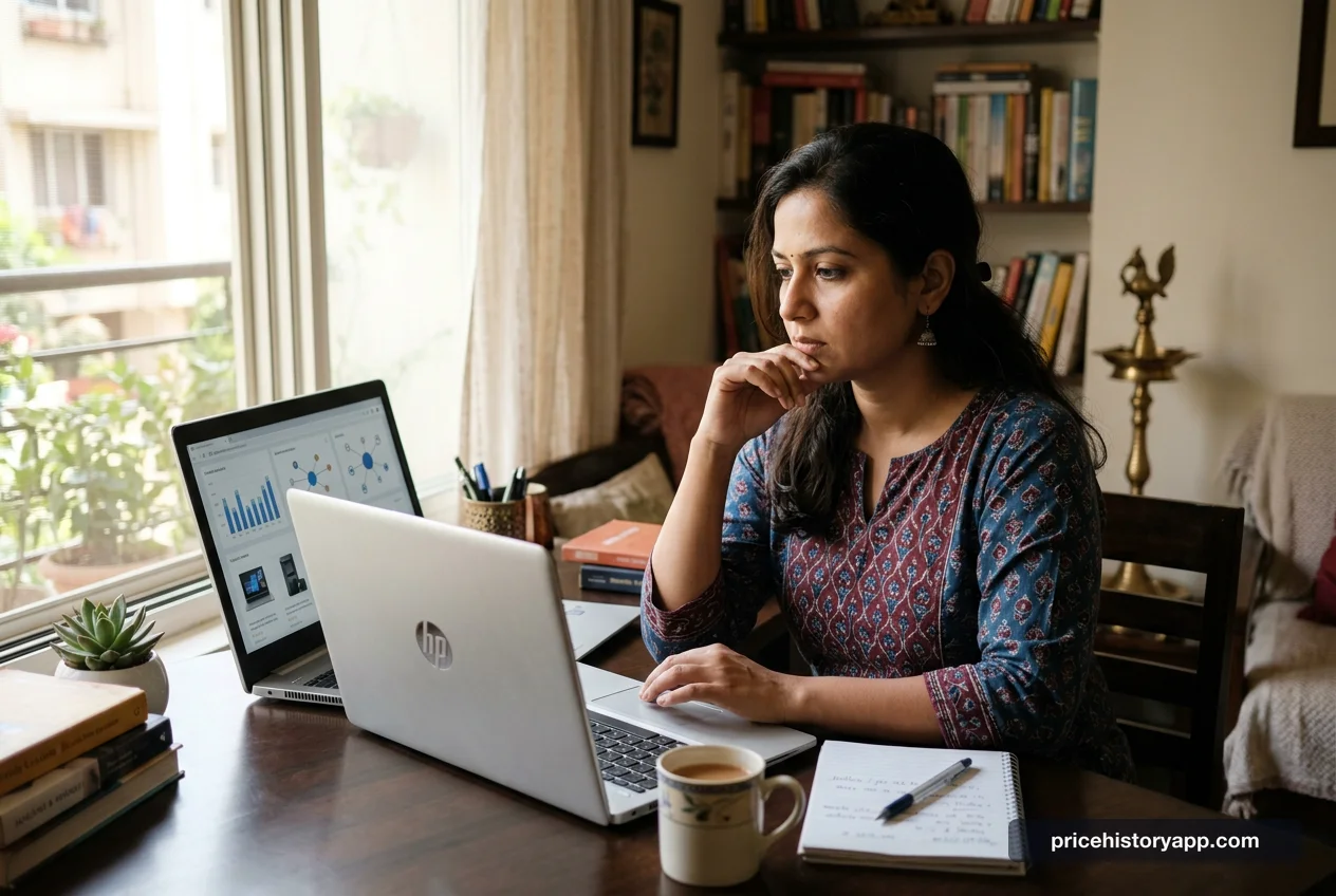 A person in an Indian home studying data visualizations on a screen, analyzing online deals.